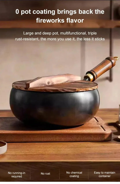 Healthy Hand Forging Cast Iron Pot NonStick Uncoated Frying Pan with Wooden Lid Chinese Wok Induction Cooker Gas