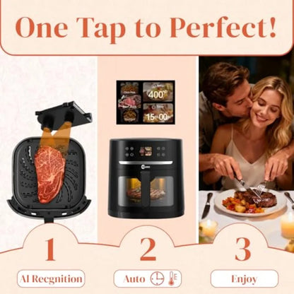 XXL Family Size 8.5QT Air Fryer with AI Camera, Stainless Steel Black, Auto-Recipe Selection Time Adjustment for Steak, Wings,