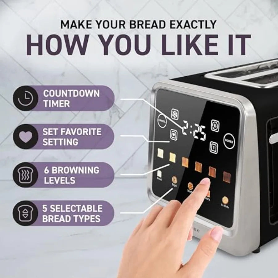 Touch Screen Toaster - 2 Extra Wide Slots - 5 Bread Types and 6 Browning Levels - Defrost Reheat Favorite Single Slot