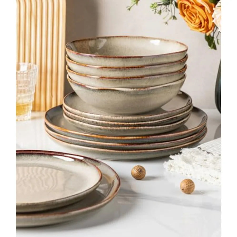 Stoneware Dinnerware Sets for 4 12 Pieces Rustic Ceramic Plates and Bowls Set Handmade Reactive Glaze Plate Sets Highly Chip Re