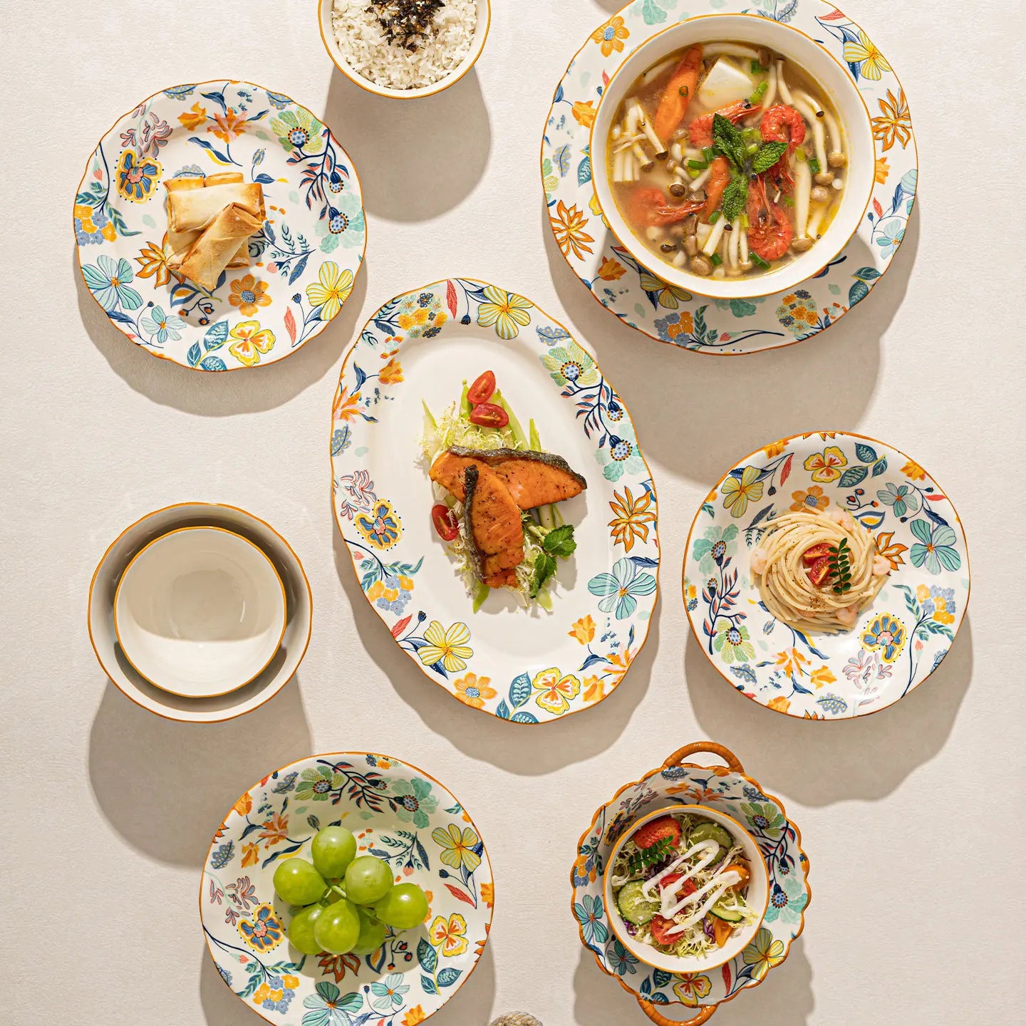 LingAo-Japanese Country Style Ceramic Tableware Set of Plates and Bowls with Underglaze Colors