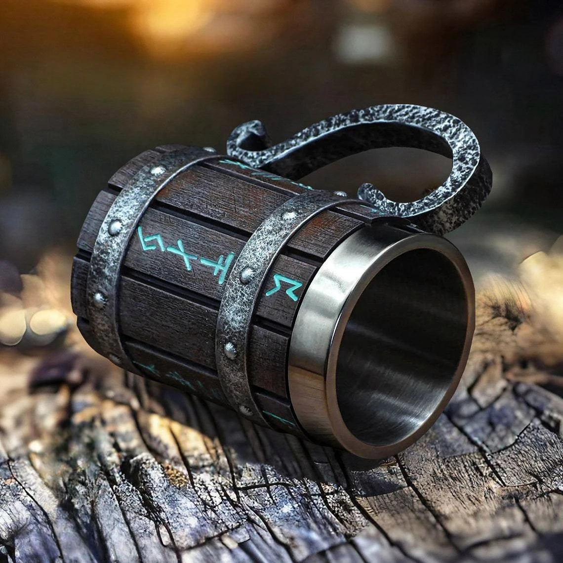 Viking Vintage Oak Barrel Beer Mug Stein with Stainless Steel Liner Coffee Cup Tea Mug Large Capacity Mug Pub Bar Party Gift