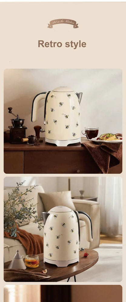 2200W Retro Print Electric Kettle Home 304 Stainless Steel Quick Boiling Kettle Auto Power Off Teapot Kitchen Tools 1.7L