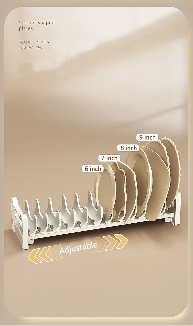 HeMu Adjustable Dish Rack, Expandable Plate Organizer for Kitchen Cabinet, Suitable for 6-9 Inch Bowls/Plates Kitchen Organizer