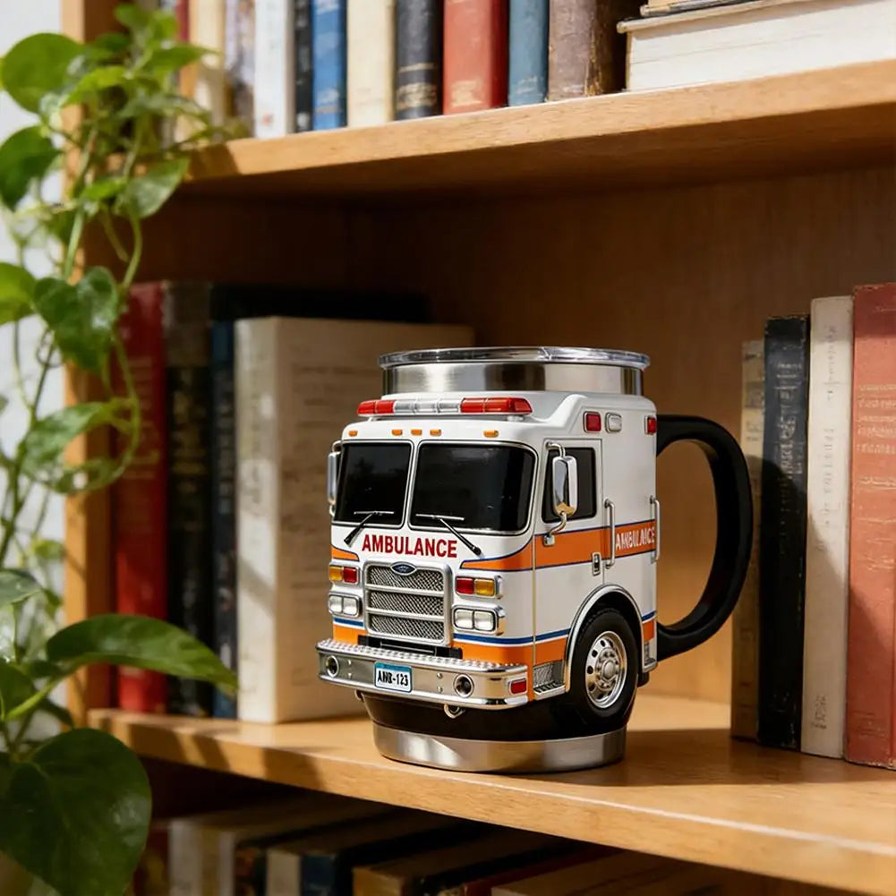 Fire Rescue Coffee Mug, Retro 3D Fire Truck Coffee Mug, Personalized Stainless Steel Wall Insulation Mug New Year Gifts for Mens