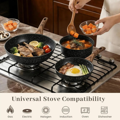 Nonstick Frying Pan Set - 9 Pieces, 3 Sizes (8"/10"/12"), PFOA Free, Induction & Oven Safe, Easy Clean for Home Cooking