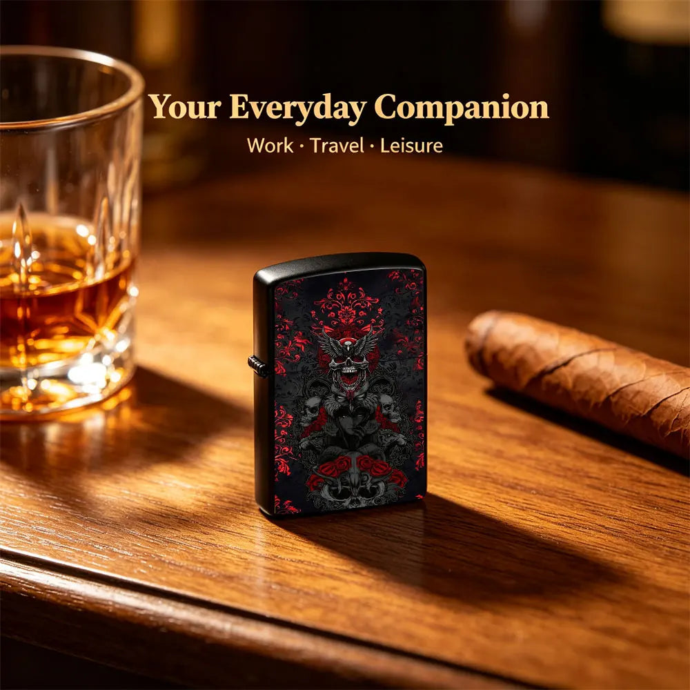 Pocket Lighter, Skull & Rose Print Metal Case, Flip-Top Windproof Design, Comfortable Grip, Refillable, Cool Gift for Men