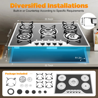 5 Burner Built-in Gas Cooktop Glass Top 3KW Dual Ring High Power Energy Saving 63% Efficiency LPG Natural Gas Stove
