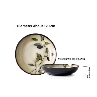 Bamboo Leaf Ceramic Tableware Set Japanese Rice Bowl Large Soup Noodle Bowl Retro Underglaze Hand Painted