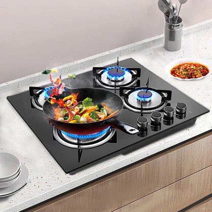 4 Burners LPG Gas Cooktop Black Tempered Glass Panel Cast Iron Stainless Steel Construction Polishing Process Built In Installation US Standard Plug 110V 2800Pa Working Pressure Four Multi Power Burners Household Commercial G
