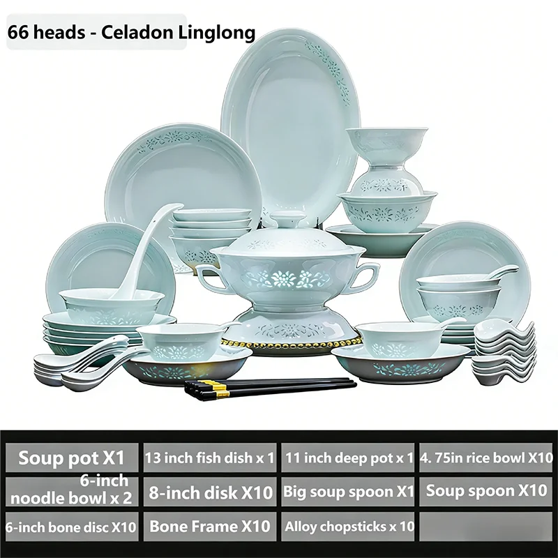 Celadon Dinnerware Set 22/40/70pcs Linglong Ceramics Dish Sets Full Set Luxury China Tableware Set For 4/6/10 Persons Dinner Set