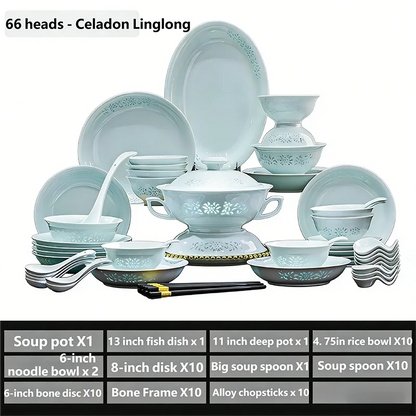 Celadon Dinnerware Set 22/40/70pcs Linglong Ceramics Dish Sets Full Set Luxury China Tableware Set For 4/6/10 Persons Dinner Set