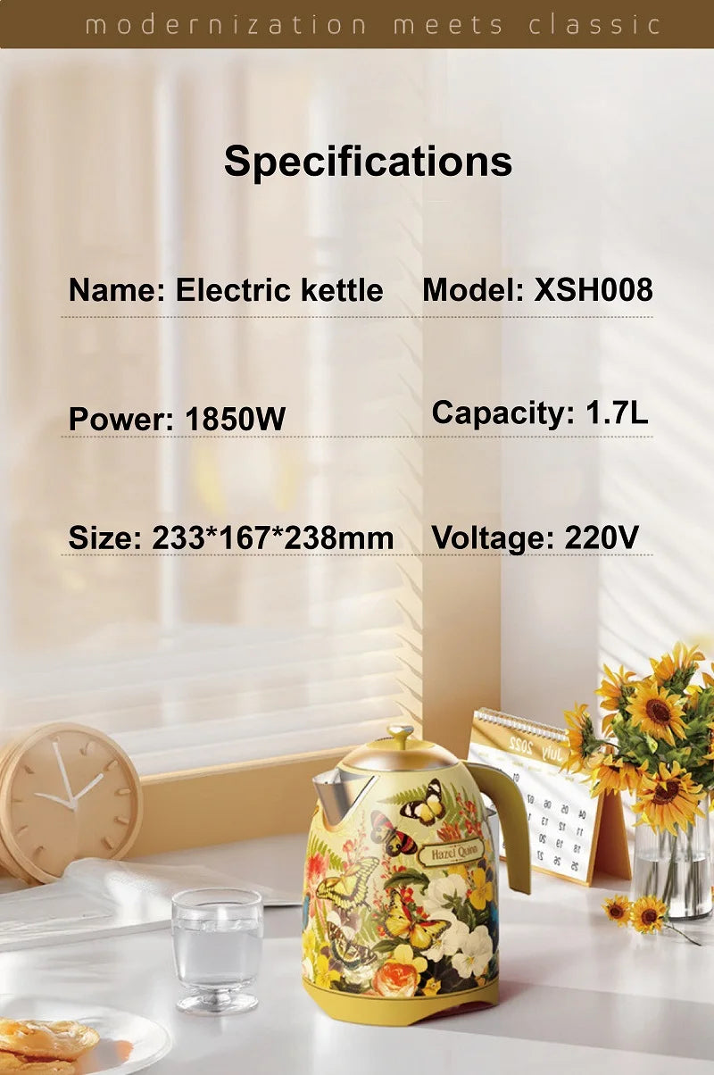 1700ml Retro Printed Electric Kettle Household 304 Stainless Steel Boil Kettle Automatic Power Off Teapot Kitchen Tool 1850W