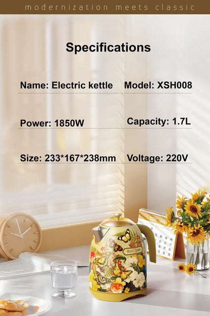 1700ml Retro Printed Electric Kettle Household 304 Stainless Steel Boil Kettle Automatic Power Off Teapot Kitchen Tool 1850W