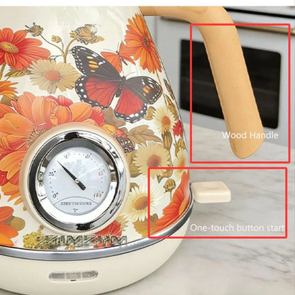 Light Luxury Cream White Floral Deca Kettle Retro Floral Butterfly Electric Kettle Temperature Display Boil Dry Protection 1.7L