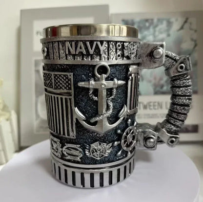 1pcs Army Military Beer Mug Resin Stainless Steel Men Birthday Gift Coffee Navy Cup Air Force Anchor Plane Wine Mugs Wine New