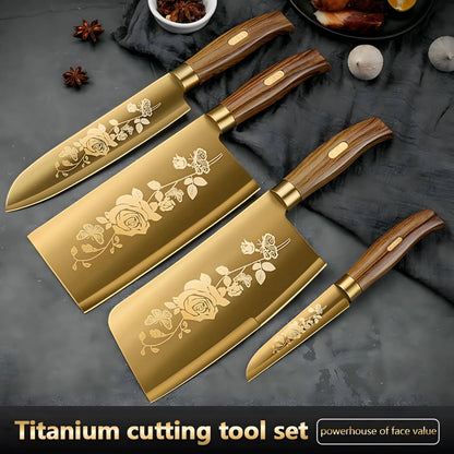 4-Piece Titanium-Coated Kitchen Knife Set - Sharp, Durable, Perfect for Cutting Meat and Bones,Commercial kitchen and Home Cooks