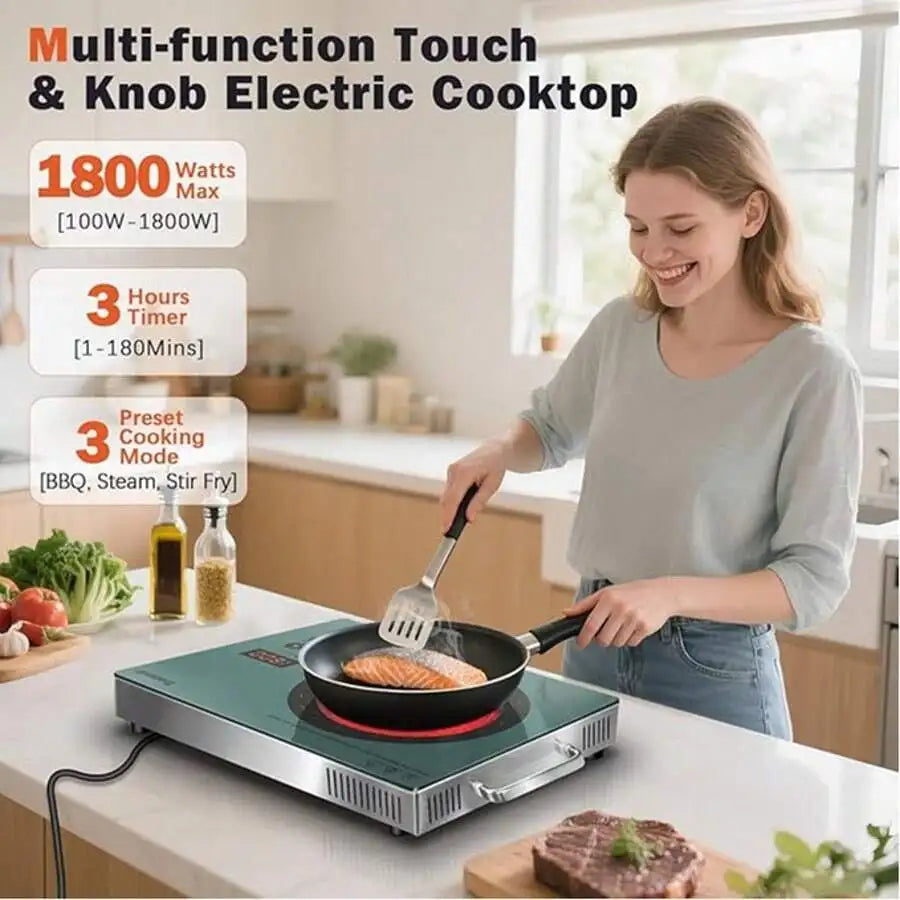 Karinear Single Burner Electric Cooktop, 110V One Burner Electric Stove With Handle, 1800W Protable Ceramic Stove Top For Outdoo