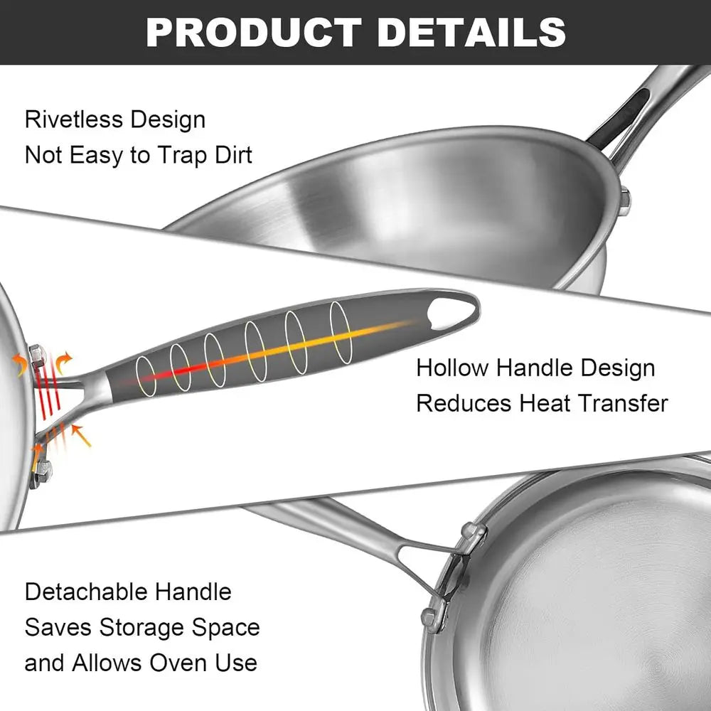 Triple-Layer Stainless Steel Frying Pan Set, 8/10/12, PFOA and PTFE Free, Induction Compatible, Dishwasher and Oven Safe, Durabl