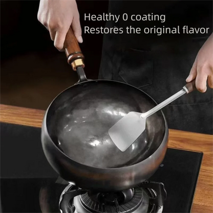 Healthy Hand Forging Cast Iron Pot NonStick Uncoated Frying Pan with Wooden Lid Chinese Wok Induction Cooker Gas