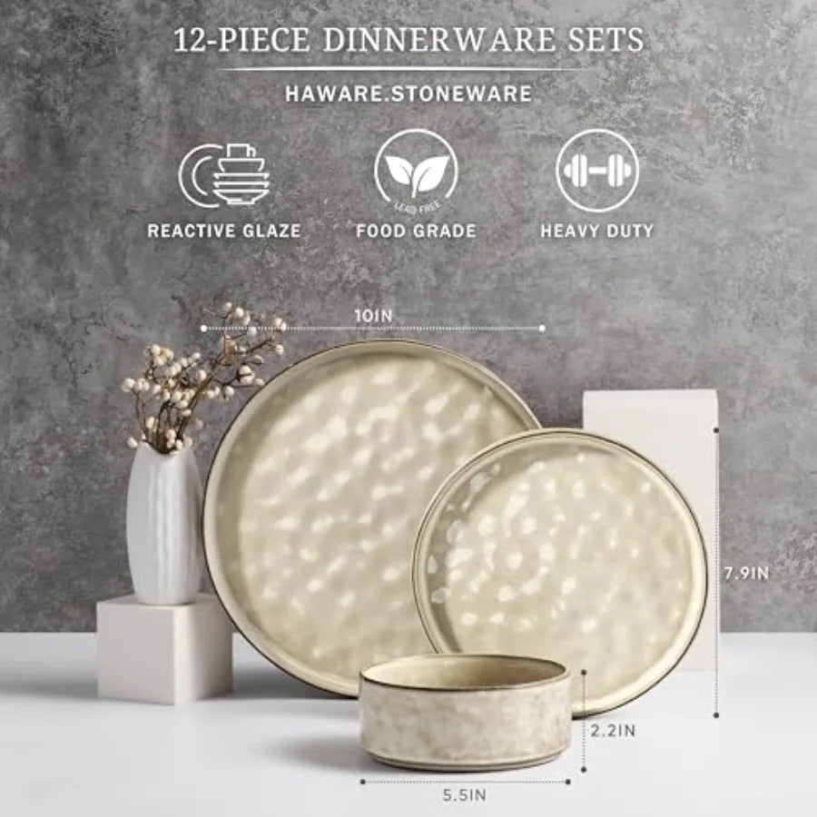 Dinnerware Sets 12-Piece Plates and Bowls Set Stoneware Dish Set for 4 Ceramic Dinnerware for Home Restaurant Chip and Scratch