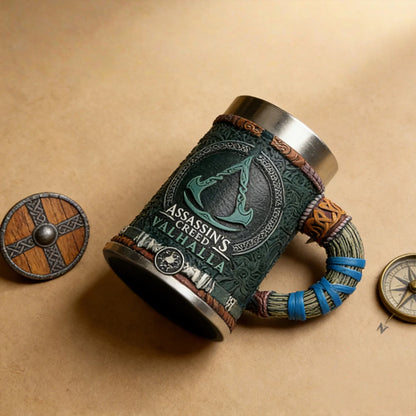 Assassins Creed Valhalla Viking Game Tankard Stainless Steel Liner Resin Coffee Mug Norse Warrior Stein Tankard for Gamer Gift