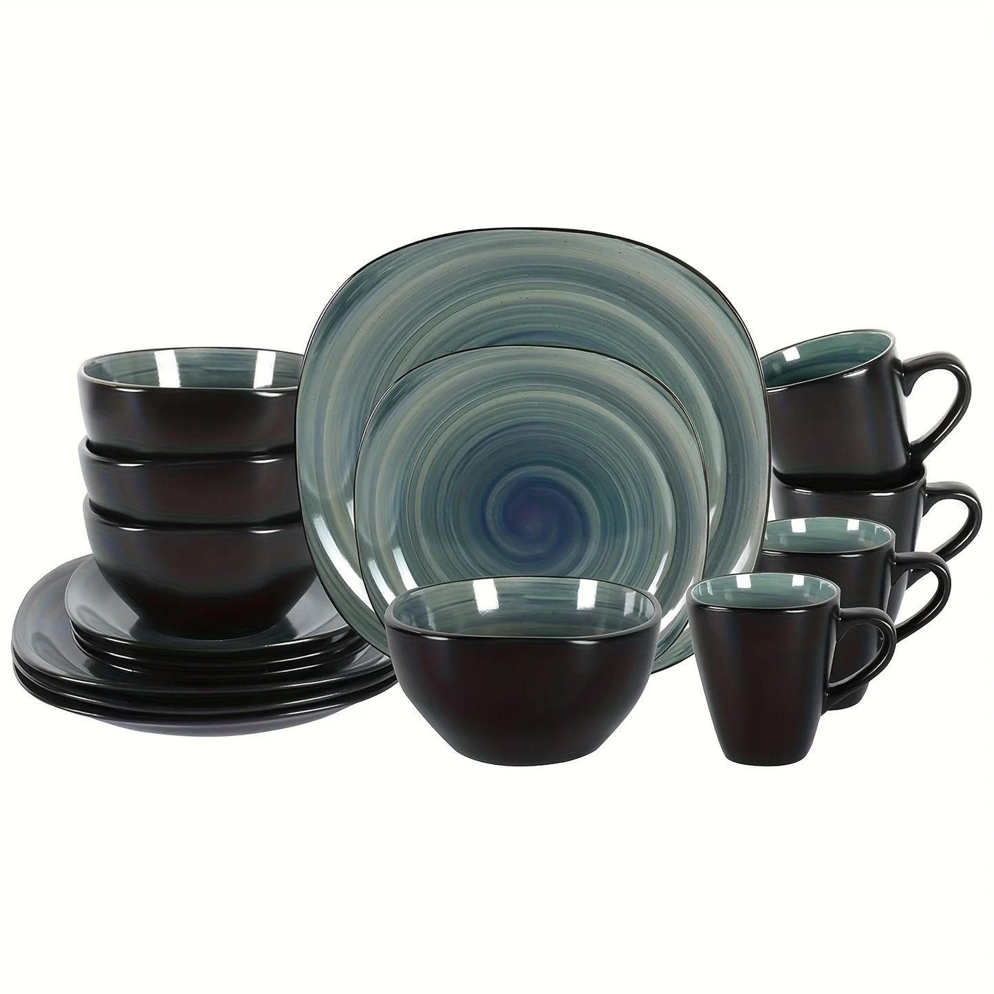16pcs Square Tableware Set - Artfully Hand-Brushed, Colorful And Black-Trimmed Square Plates And Bowls Set, 4-Person Tableware S