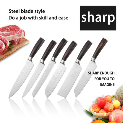 Ultimate 12Pcs Professional Kitchen Knife Set, Damascus Laser Pattern High Carbon Stainless Steel Knives, Ergonomic Wood Grain H
