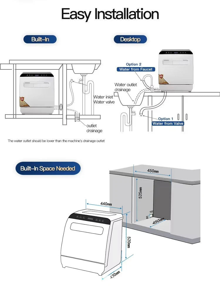 Deshi Countertop Automatic Dishwasher Model Q8 1000W Large Capacity 8 Place Settings Dual Top-and-bottom Spray Arms Smart