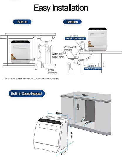 Deshi Countertop Automatic Dishwasher Model Q8 1000W Large Capacity 8 Place Settings Dual Top-and-bottom Spray Arms Smart