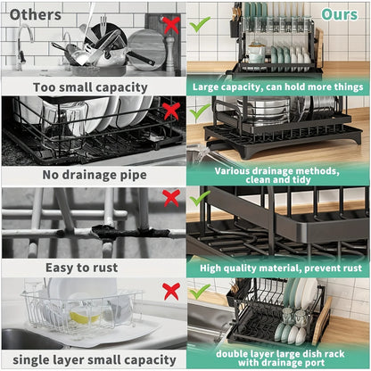 Large-Capacity Double-Layer Kitchen Storage Rack with Drainage, Lockable Metal Tableware Stand for Bowls, Kitchen Organizers