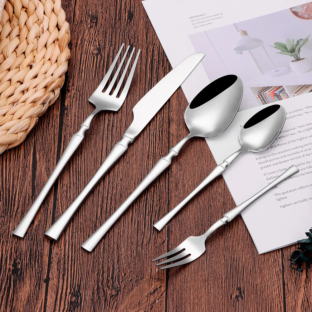 6/24/30Pcs Thin Cutlery Stainless Steel Sliver Tableware Western Dinner Set Solid Color Knife Fork Spoon Mirror Kitchen Utensils