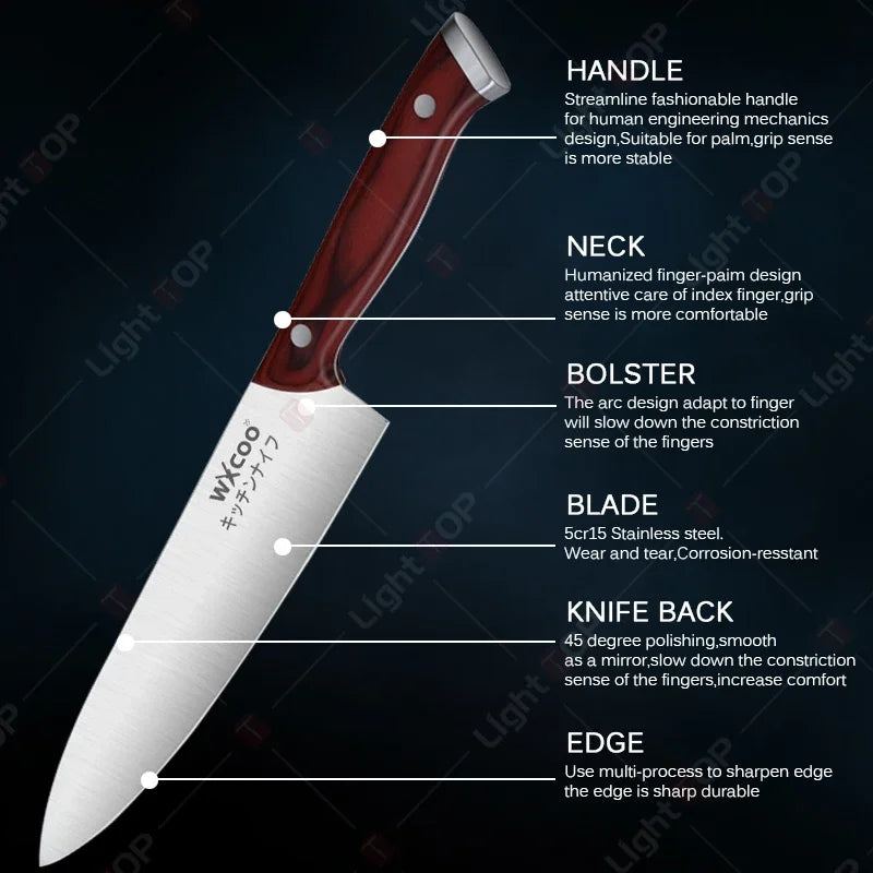WXCOO 1-5pcs Professional Kitchen Knife Set Ultra Sharp Chef's Knife Meat Cleaver Fruit Slicing Stainless Steel Cutting Board