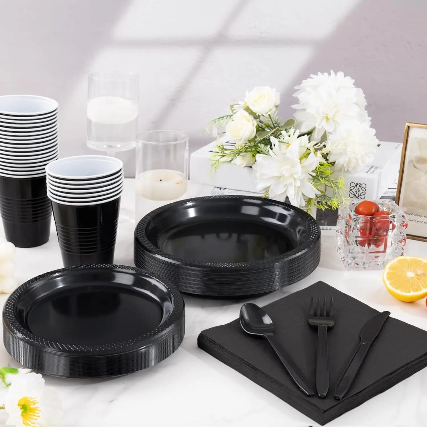 210 PCS Black Plastic Plates for 30 Guests - Disposable Dinnerware Set Including Dinner Plates, Dessert Plates, 12oz Cups, Cu