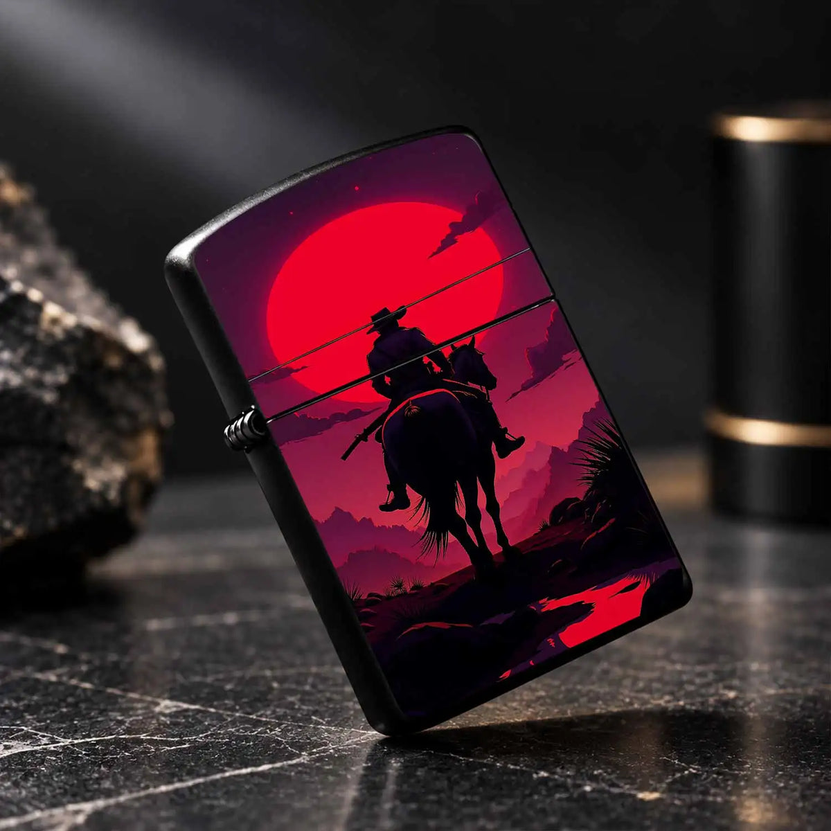 Western Cowboy Rider Horse Silhouette Lighter, Red Sunset Desert Retro Aesthetic Art Pattern Portable Lighter, Ideal For Daily Outdoor Travel Camping, Exquisite Unique Gift For Men And Women, Decorative Practical Access A Hum