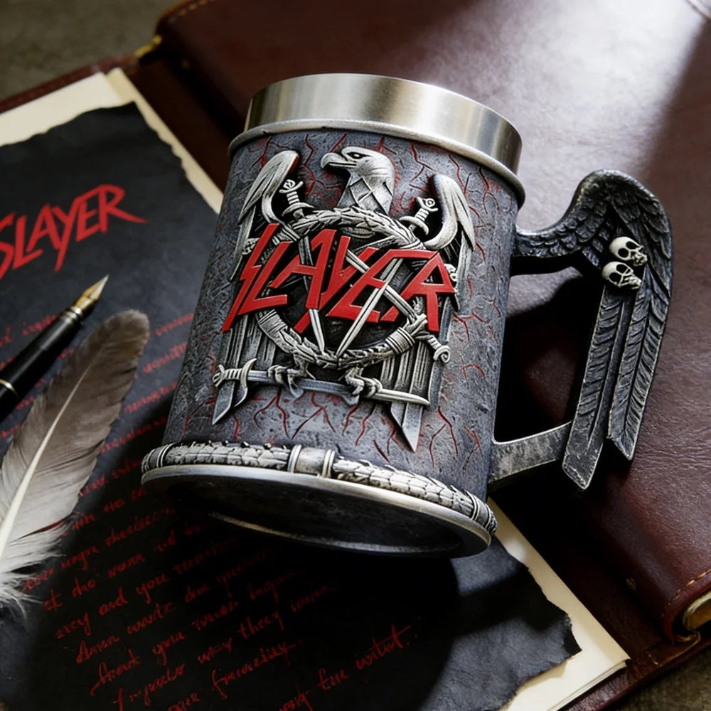 Slayer Tankard Eagle Emblem Mug Resin Outer Stainless Steel Liner Gothic Skull Handle Thrash Metal Band Fan Collectible Gift