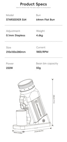 STARSEEKER E64 Electric Coffee Grinder 64MM Espresso Titanium Flat burr Stepless Fineness Adjustment Home Bean Grinder Black