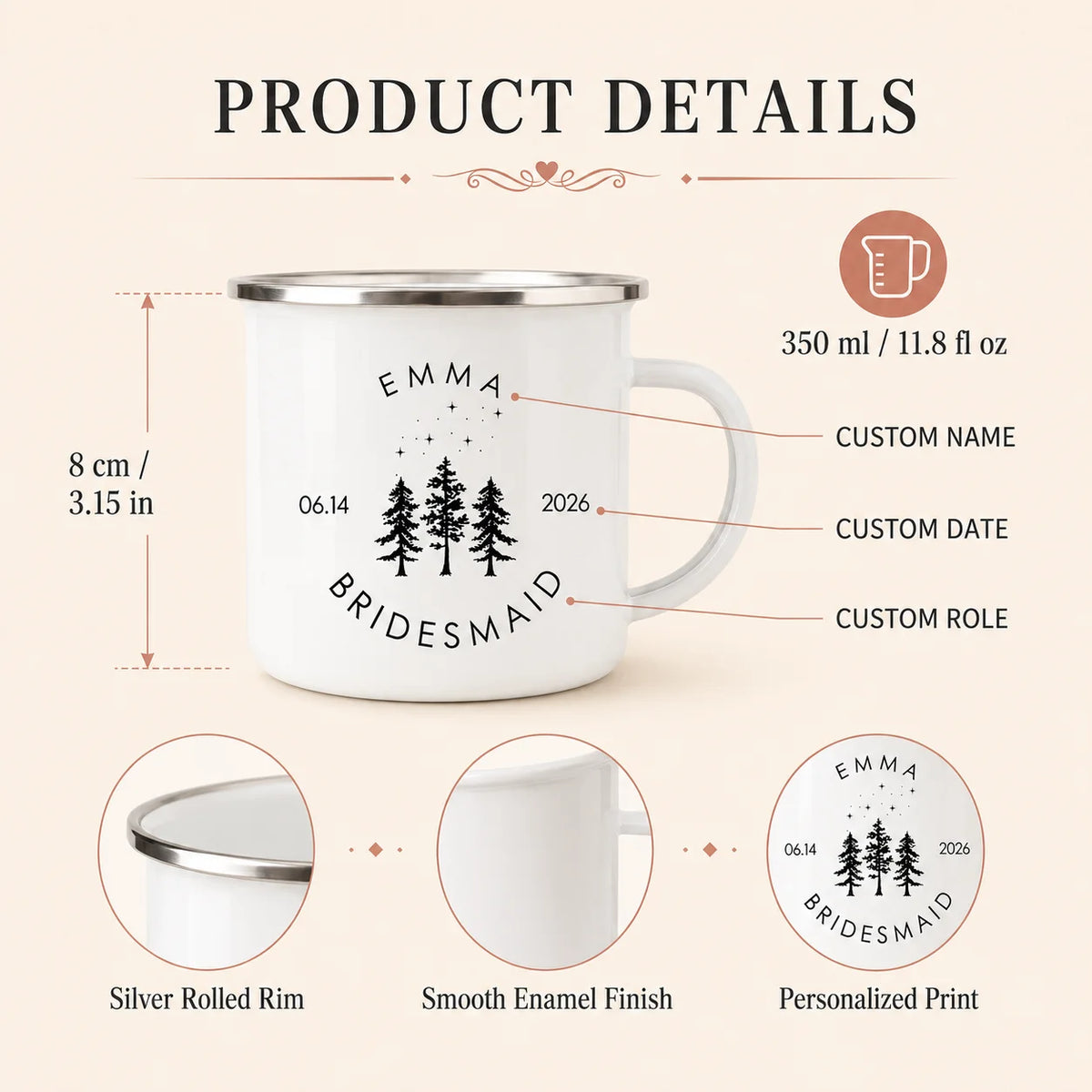Personalized Bridesmaid Enamel Camping Mug Custom Name Date Bridal Party Coffee Cup Maid of Honor Gift Wedding Campfire Cups