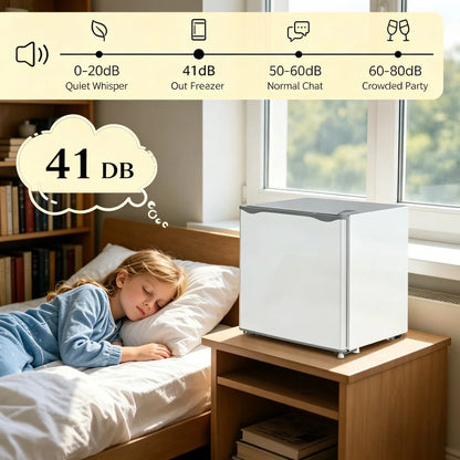 White Mini Refrigerator, Compact Single Door Fridge with 41dB Ultra Quiet Operation, Energy Saving, Small Cooler for Bedroom, Dorm, Office, Apartment, Keep Food & Beverages Fresh All Day