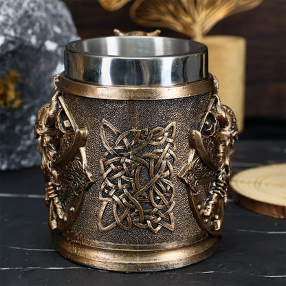 600ML Medieval Valhalla Viking Stainless Steel Nordic Viking Barrel Dragon Boat Warrior Horn Skull Beer Mug Beer Coffee Cup