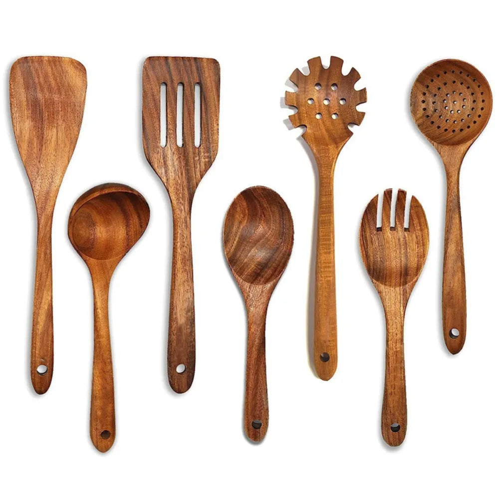 4-8pcs Wooden Cooking Spoon with Storage Bucket Durable Kitchen Utensils Set Natural Material Unbreakable Kitchen Shovel Set