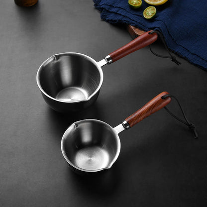 ♥Stainless Steel Oil Sprinkling Small Pot With Wooden Handle Hot Oil Pot Milk Pan Kitchen Multifunction Saucepan