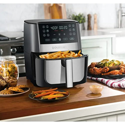 Digital air fryer for home kitchen use, aluminum nonstick black basket, sleek black finish, XL capacity with 12 one-touch prese