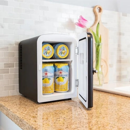 Mini Fridge- Black Refrigerator 6 Can Portable Cooler for Bedroom Office Dorm Car Compact Fridge for Drinks Makeup Skincare Dua
