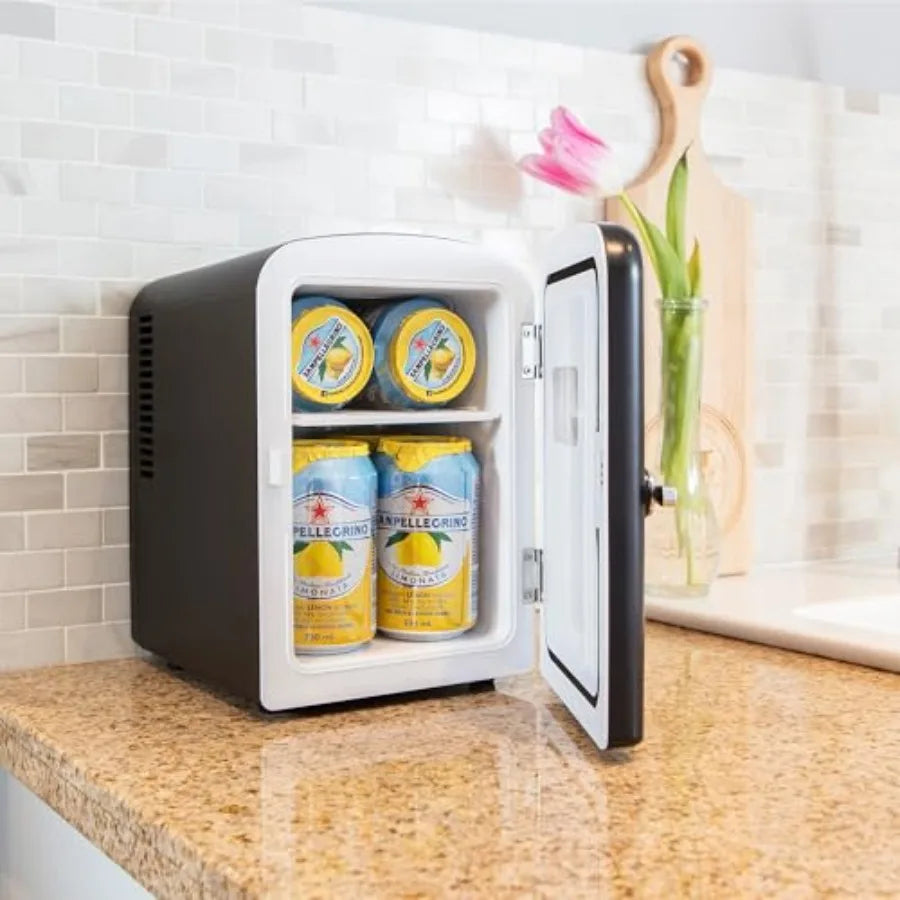 Mini Fridge- Black Refrigerator 6 Can Portable Cooler for Bedroom Office Dorm Car Compact Fridge for Drinks Makeup Skincare Dua