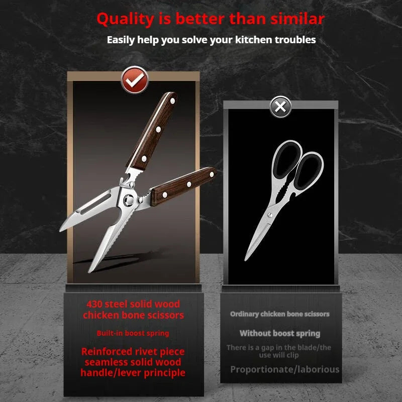 Premium Kitchen Scissors Wooden handle Stainless Steel powerful Chicken Scissors Bone Cutting Scissors Tool