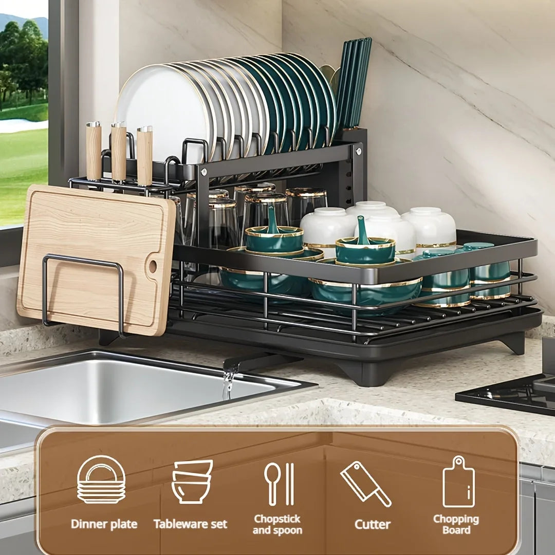 2-Tier Carbon Steel Dish Drying Rack for Kitchen Counter, Large Capacity Dish Drainer with 360° Swivel Spout, Rust-Proof Utensil & Cutting Board Holder