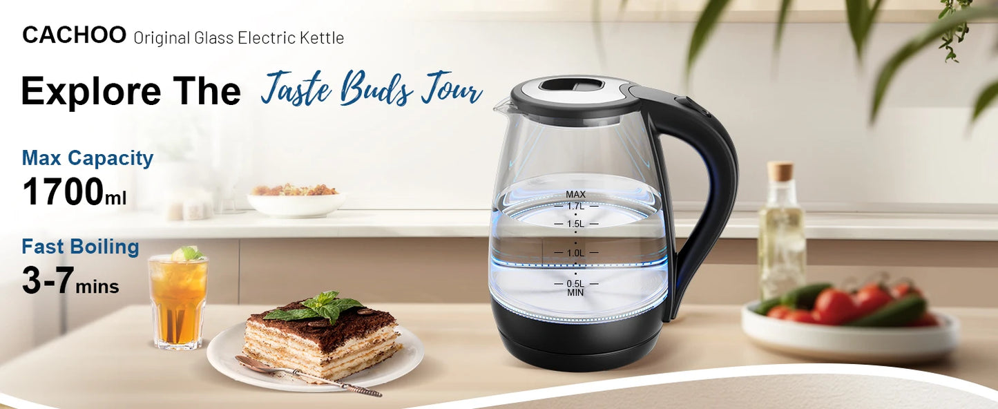 Electric Kettle with Water Dispenser - 1.7L Elegant Glass Tea Pot, 1200W Fast Boiling, LED Indicator, Auto-Shutoff