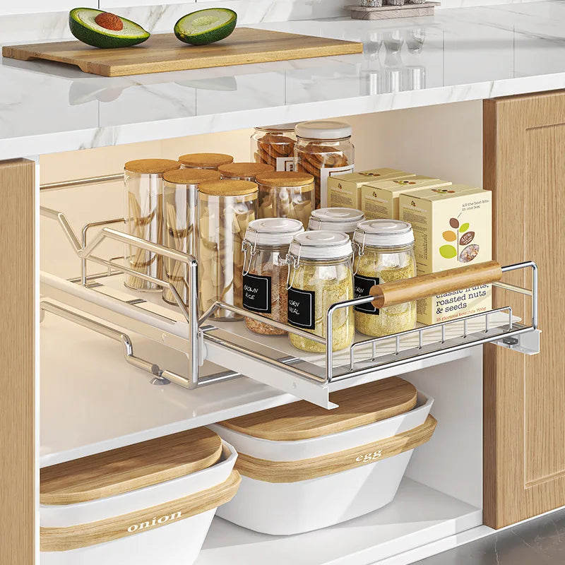 Pull-Out Under Kitchen Sink Organizer Dish Plate Drying Rack, Cabinet Layered Shelf, Pull-Out Basket for Spice Tableware Storage