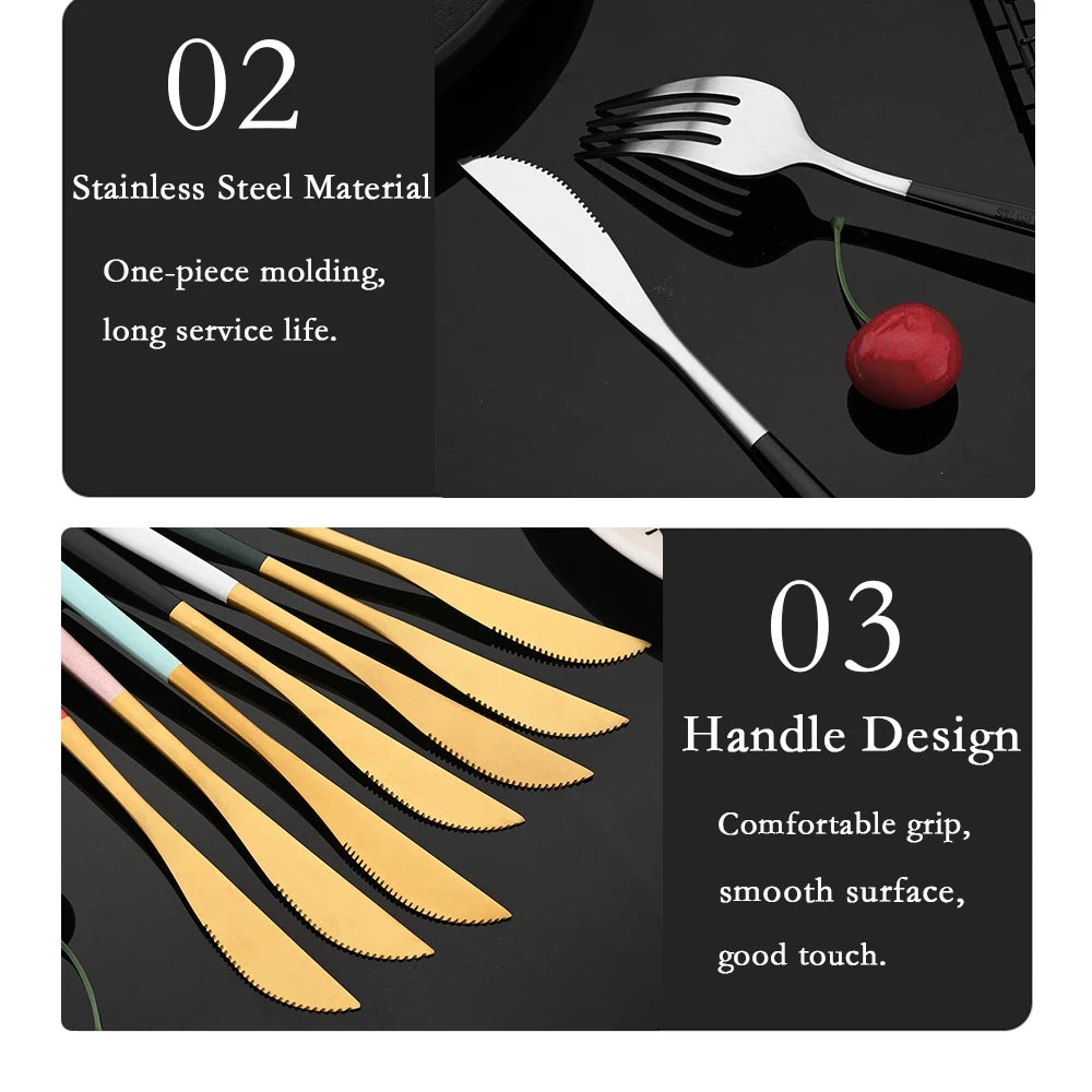 4Pcs black Gold Matte Cutlery Set Stainless Steel Dinnerware Silverware Flatware Set Home Knife Fork Spoon Picnic Tableware Set